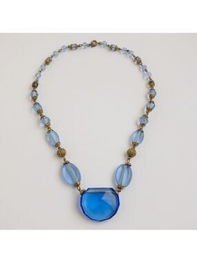 Vintage Art Deco Choker Necklace Blue Glass Crystal Brass Filigree 15"